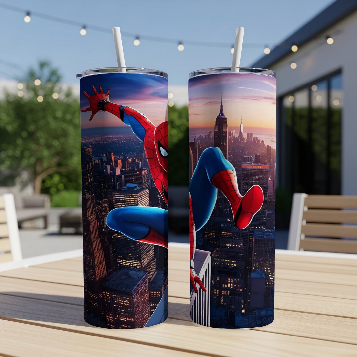 Spider-Man leaping between skyscrapers against a sunset cityscape.