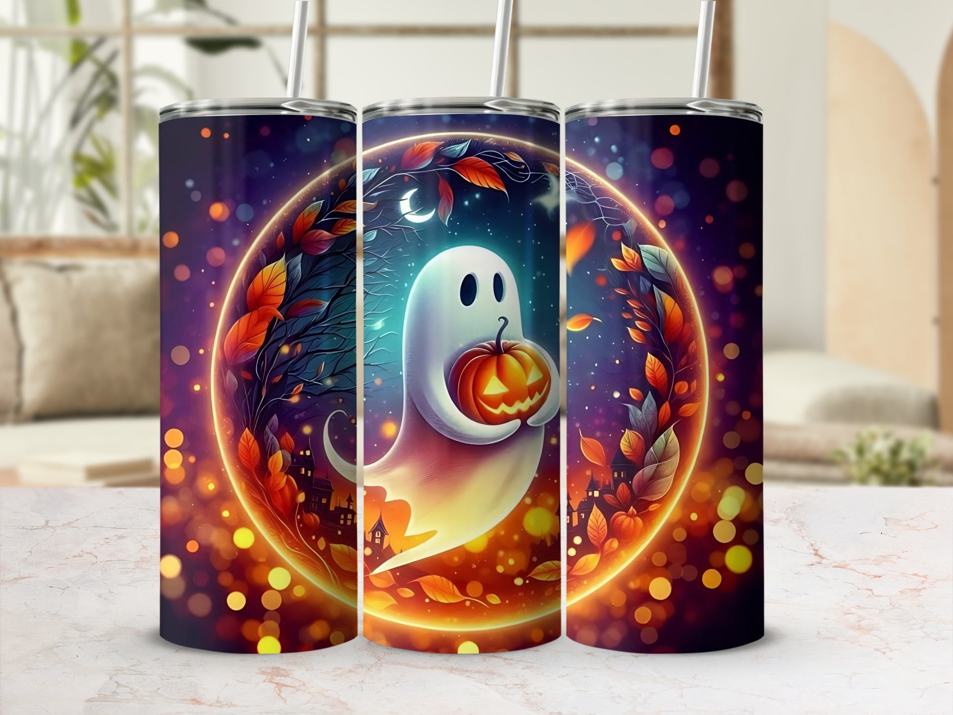Halloween ghost with pumpkin and autumn leaves on a dark starry background.