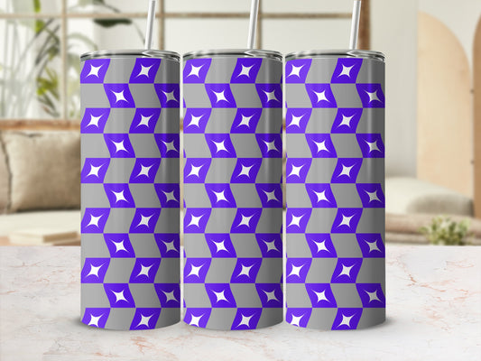 Three tumblers with a purple and gray geometric starburst pattern.