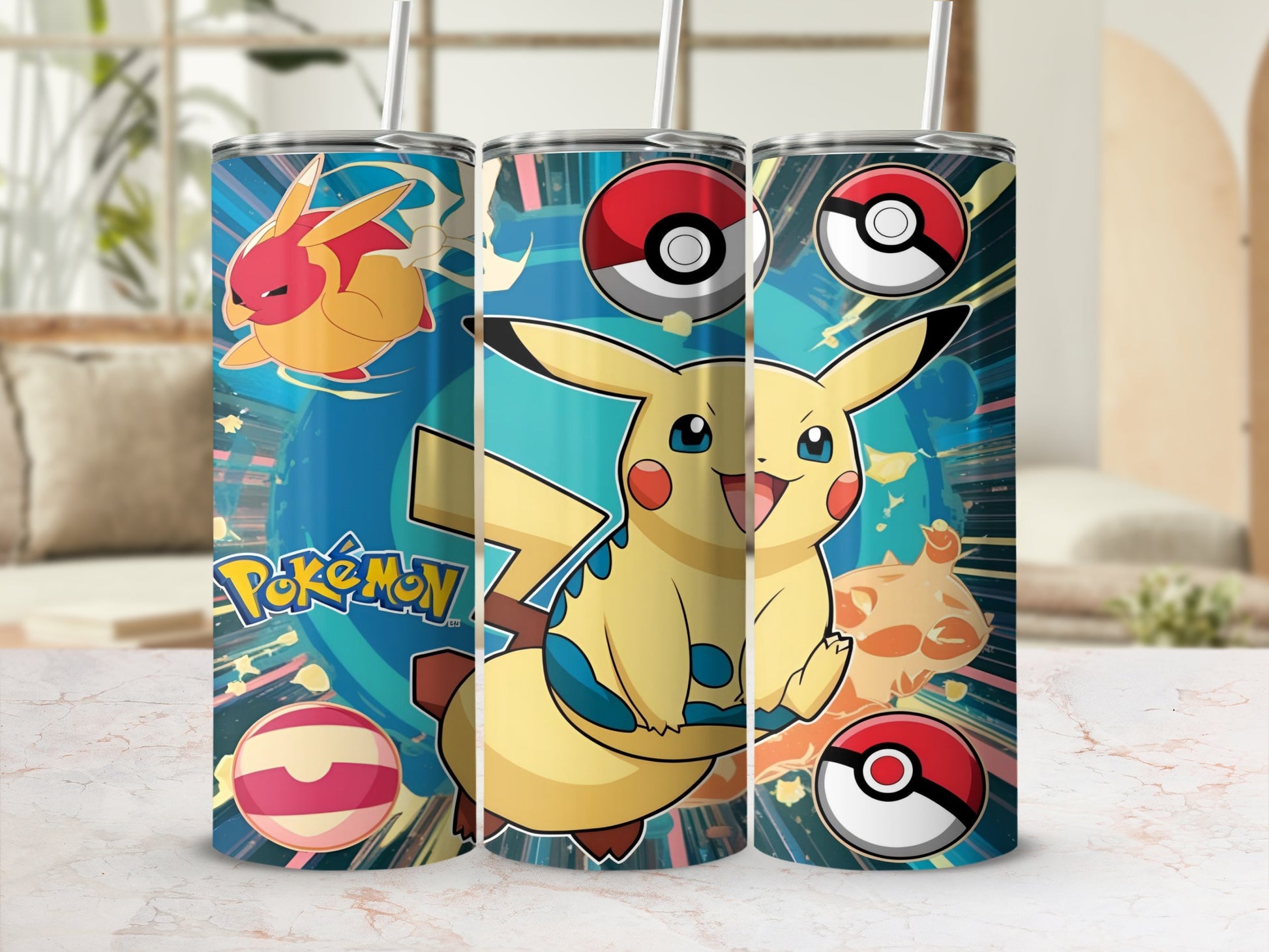 Pikachu and other Pokémon characters on a blue and yellow tumbler.