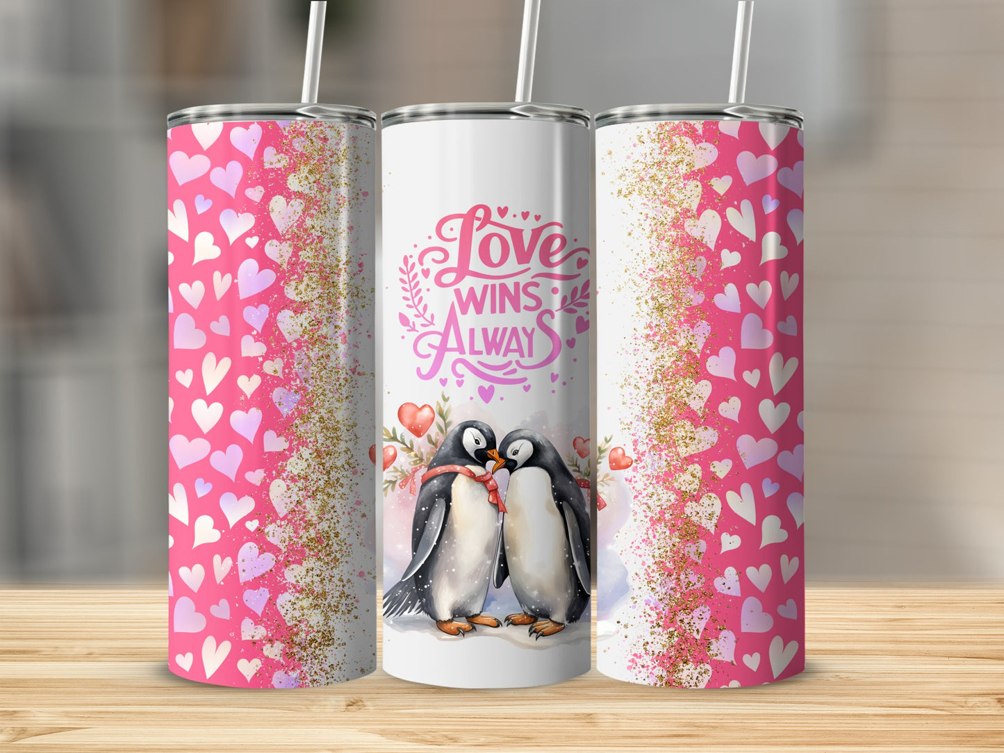 Love Wins Always Penguin Heart Pattern Tumbler