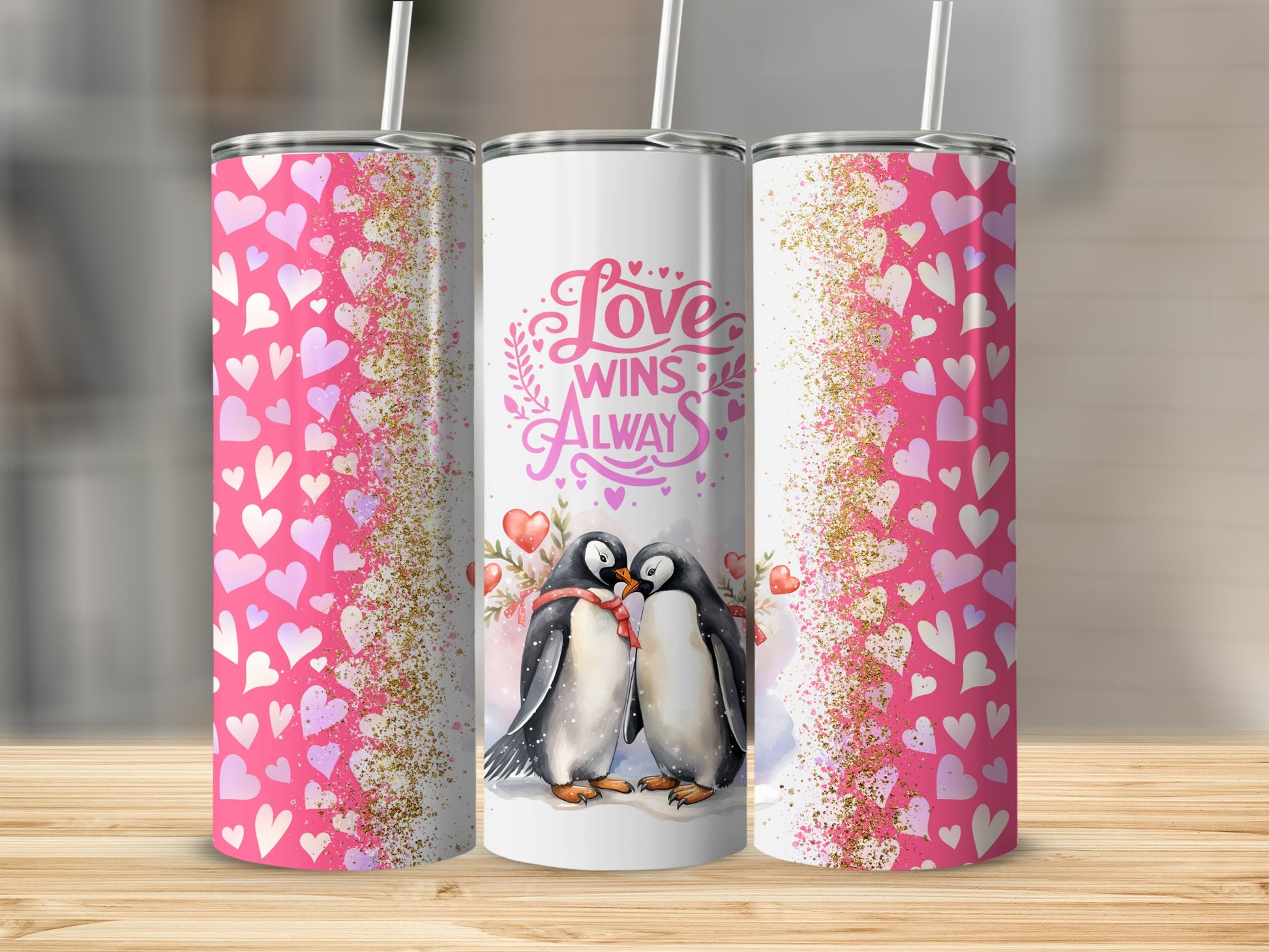 Love Wins Always Penguin Heart Pattern Tumbler
