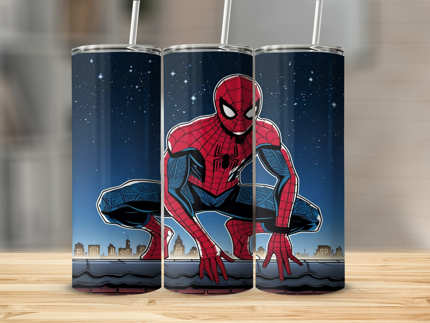 Spiderman crouching on a rooftop at night with a starry sky.