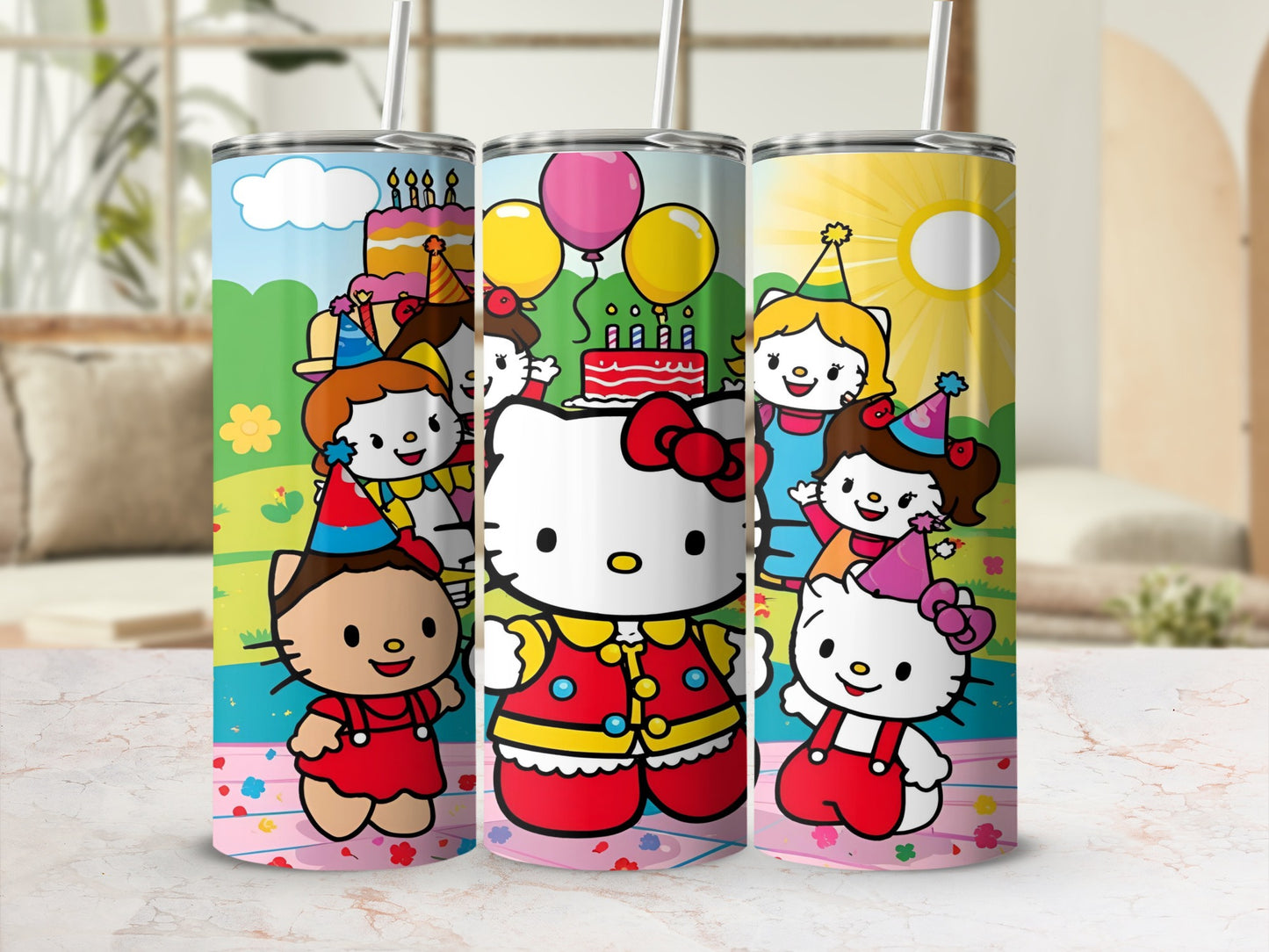 Three Hello Kitty tumblers with birthday theme and cartoon characters.