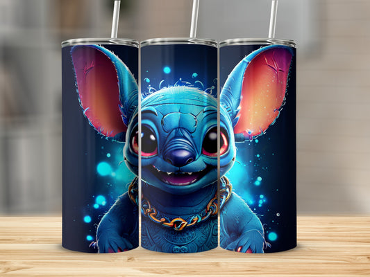 Stitch character wearing a gold chain on a dark blue background.