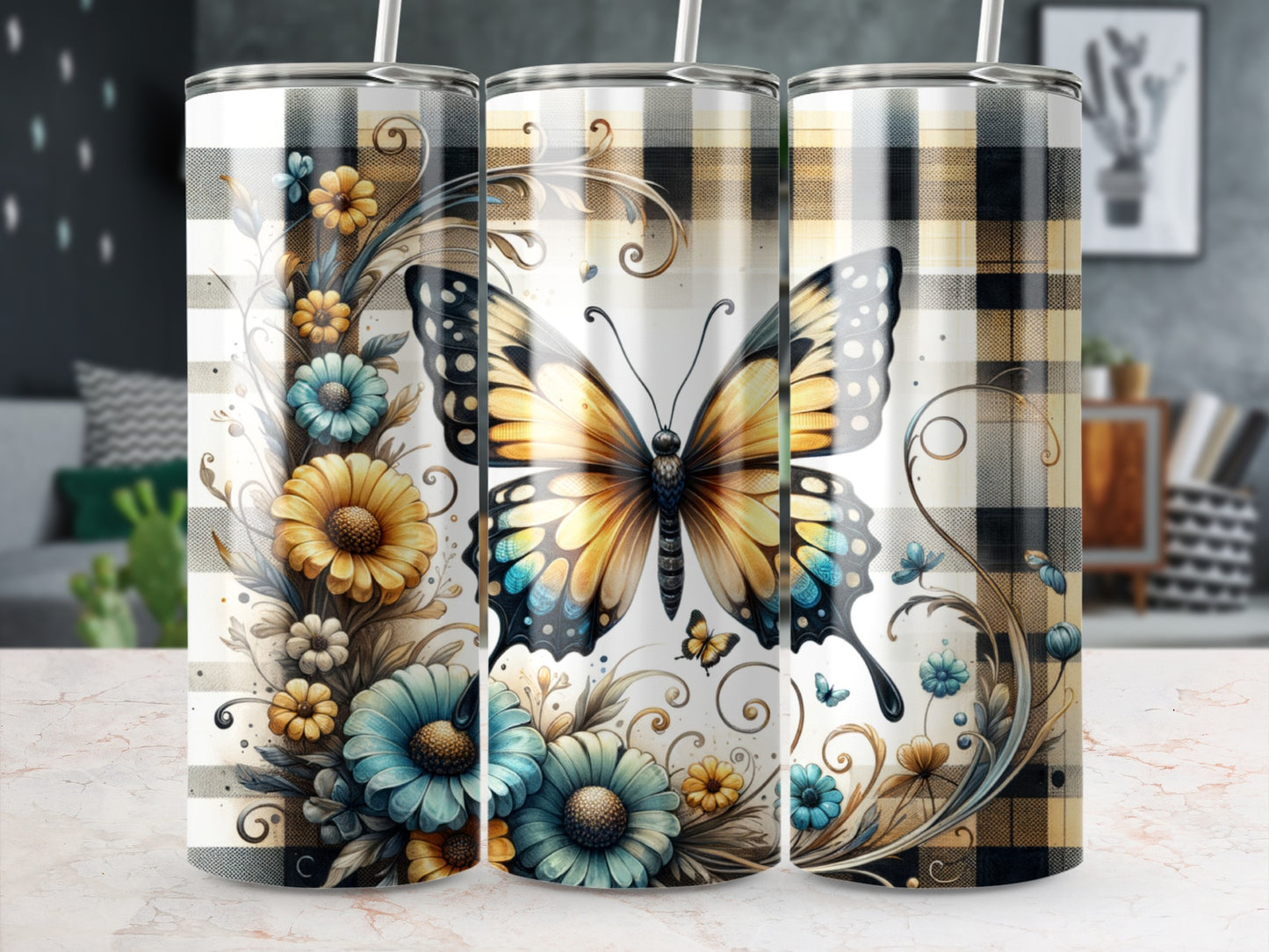 Butterfly and floral design on a plaid patterned tumbler.