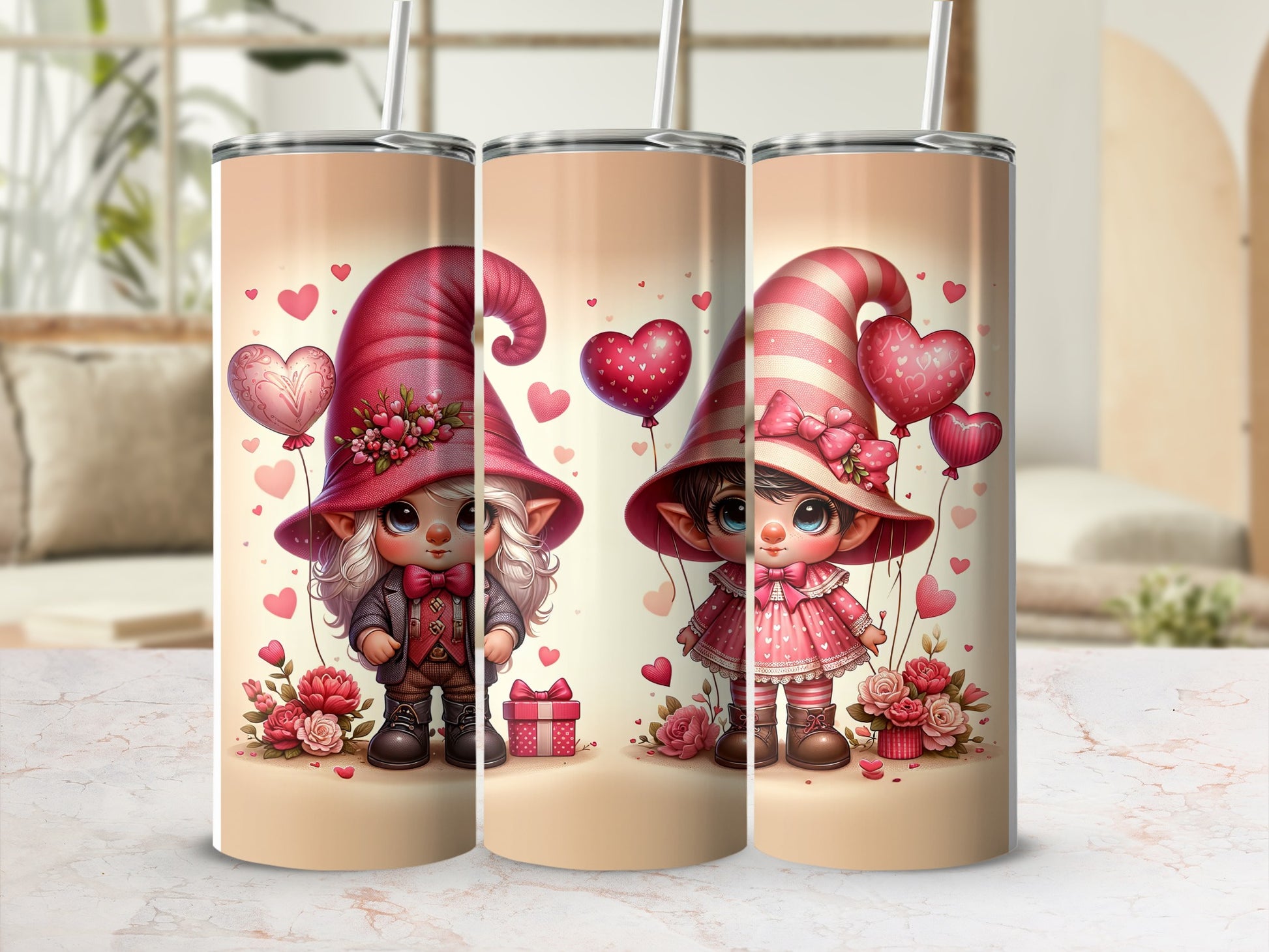Two Valentine's Day gnomes with heart-shaped hats and pink outfits.