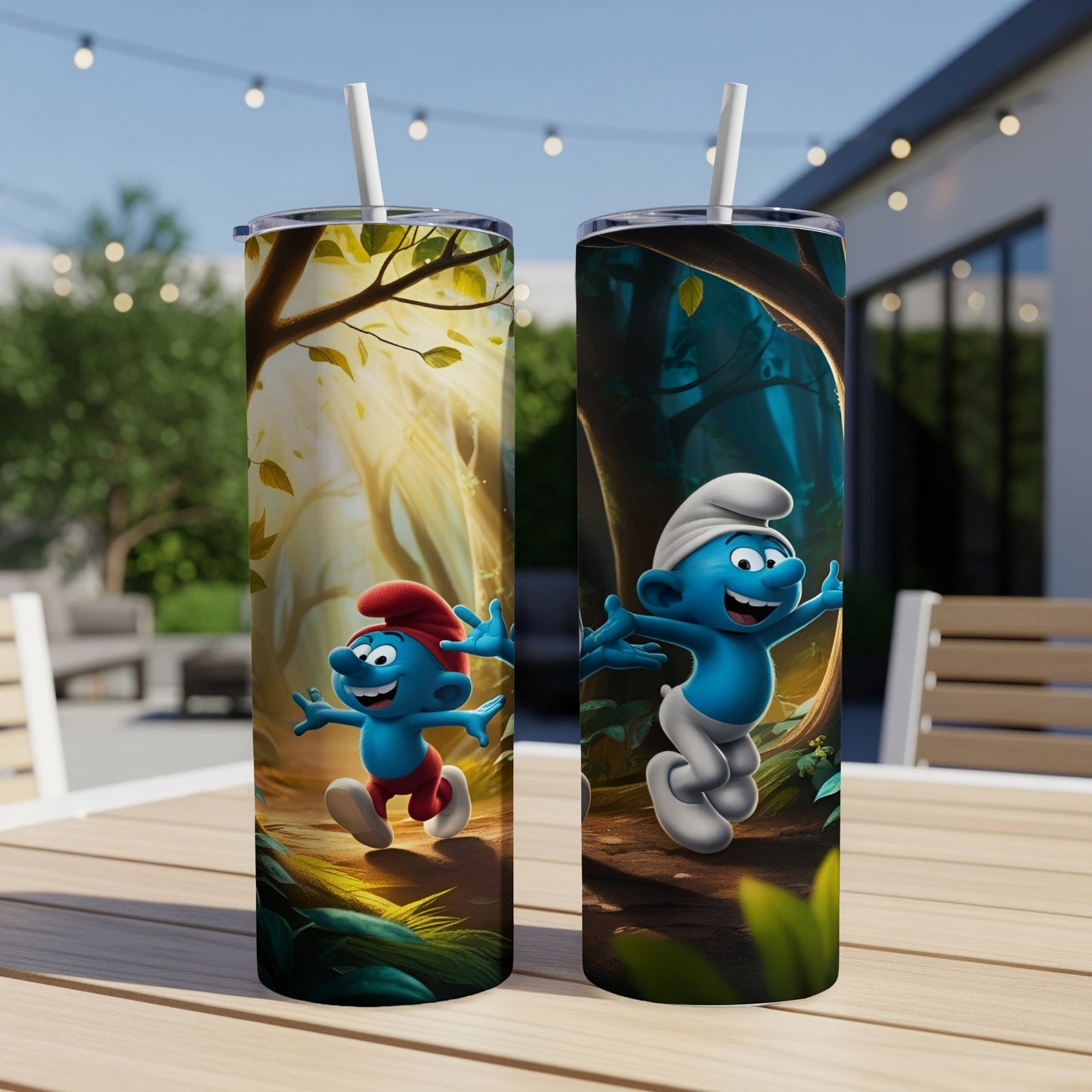 Two Smurfs on tumblers, one in a forest, the other in a sunlit clearing.