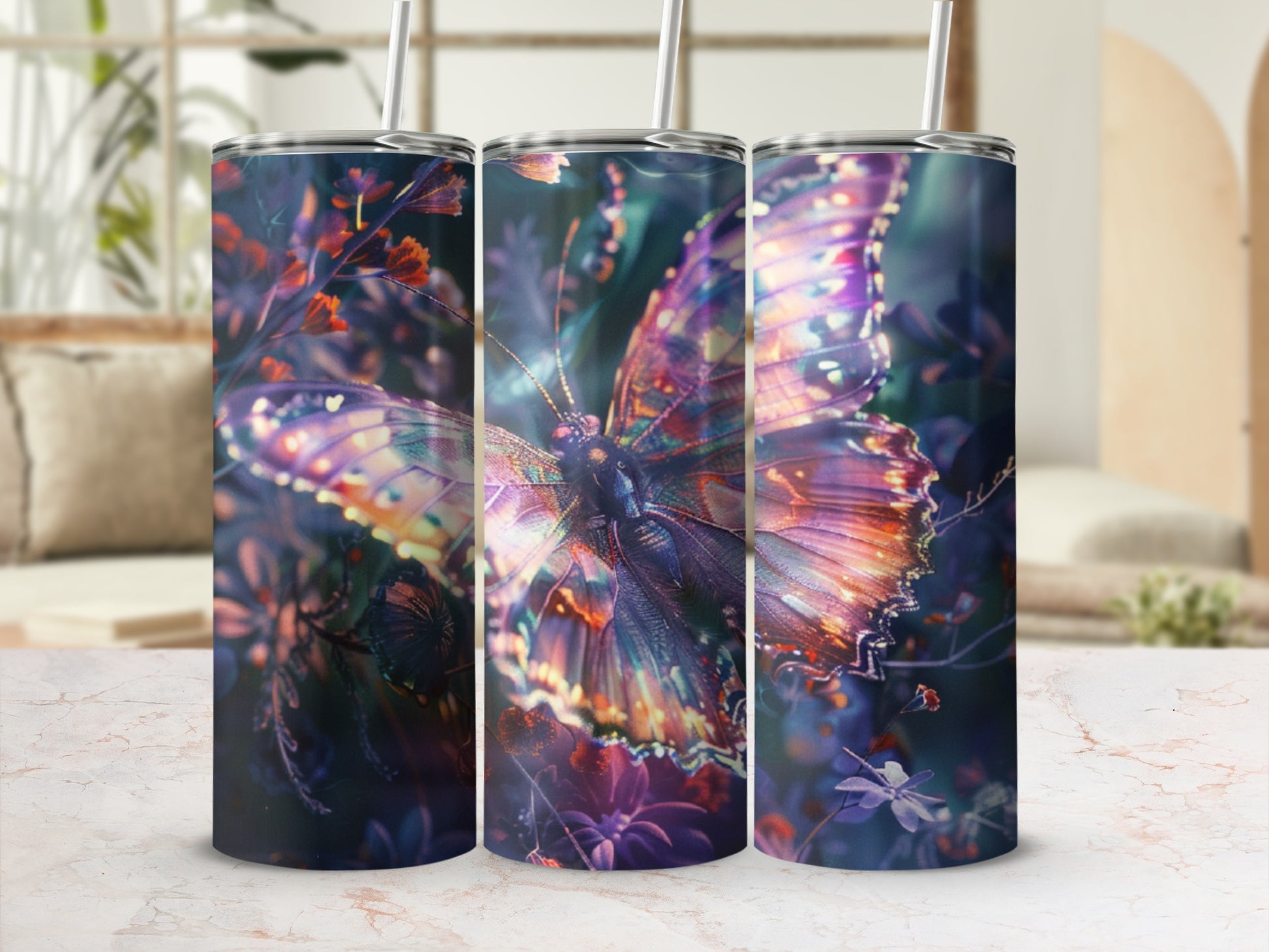 Three tumblers featuring a colorful butterfly design with floral accents.
