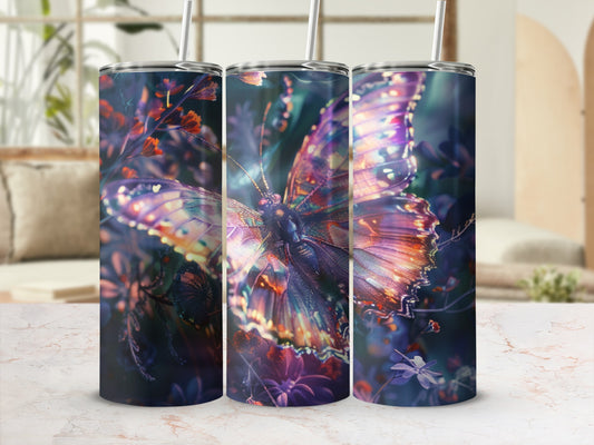 Three tumblers featuring a colorful butterfly design with floral accents.