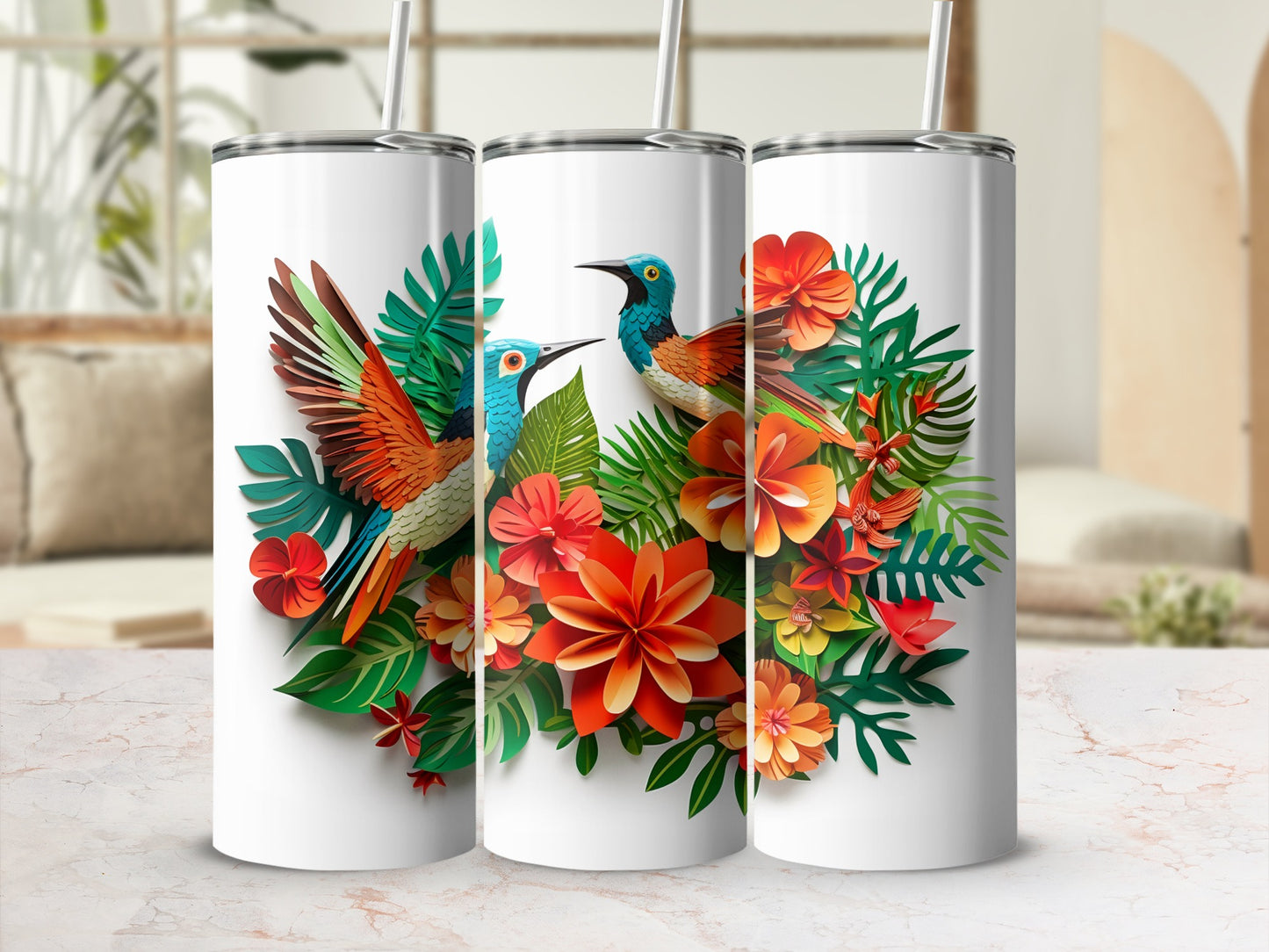 Colorful Tropical Bird and Flower Design Tumbler Product
