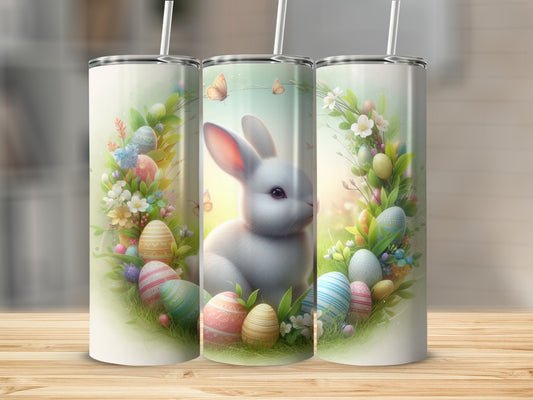 Easter bunny with colorful eggs and butterflies in a floral wreath on a tumbler.