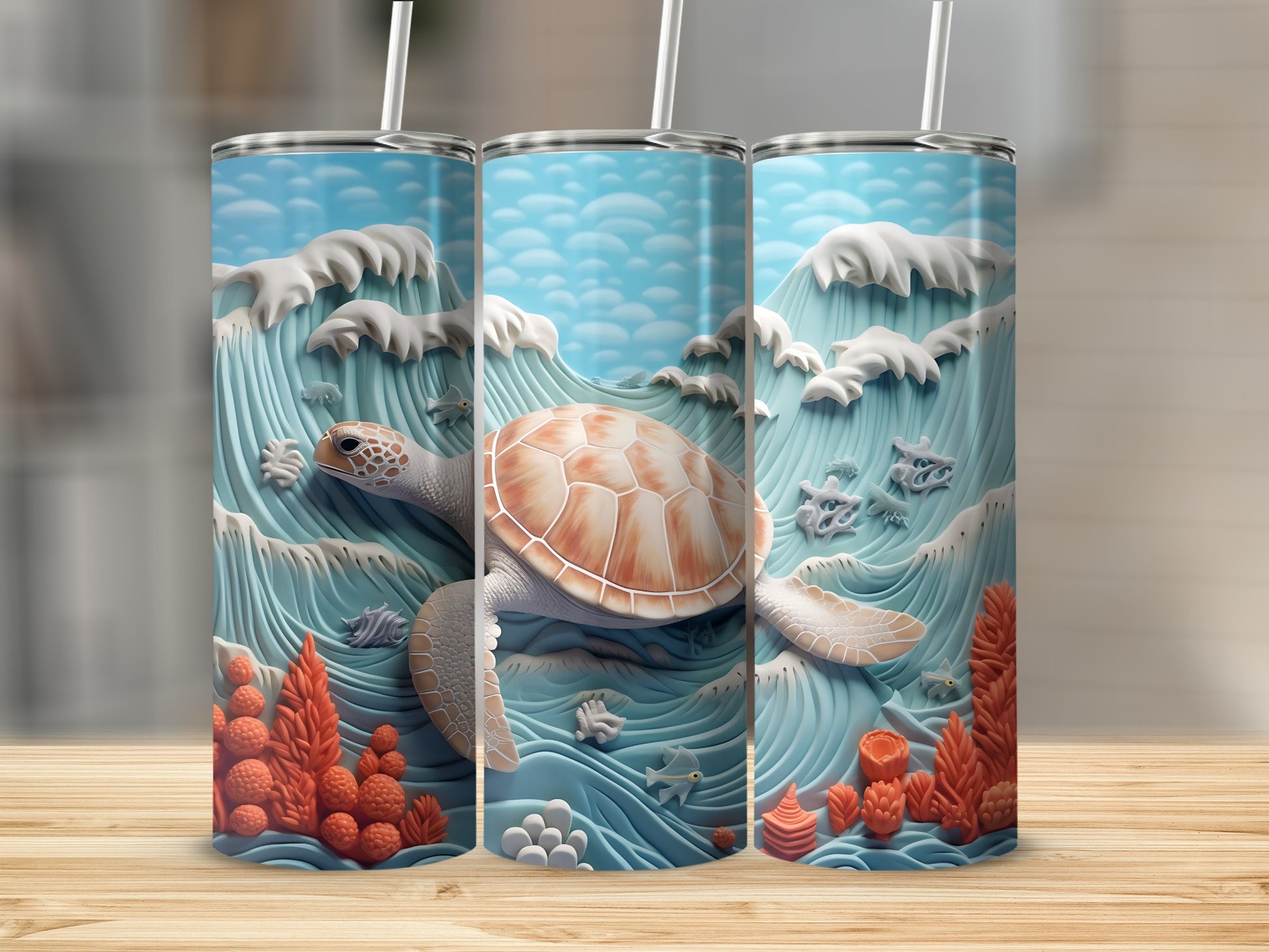 Sea turtle and coral reef design on three tumblers.