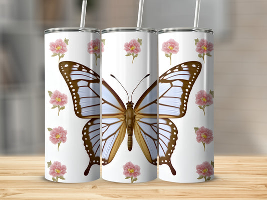 Three white tumblers featuring a large blue and brown butterfly and pink flowers.