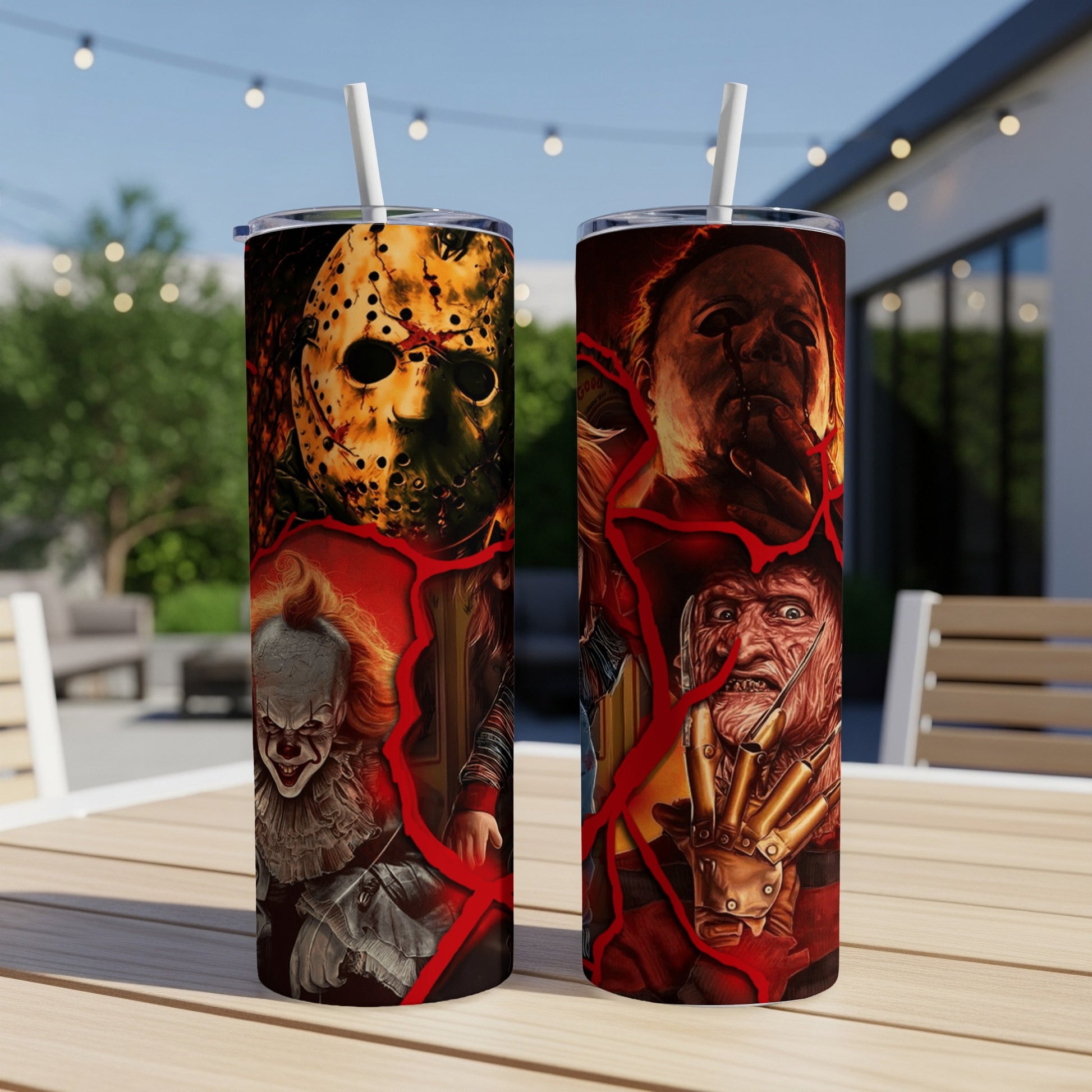 Horror movie icons Jason, Michael Myers, Freddy Krueger, and Pennywise on a tumbler.