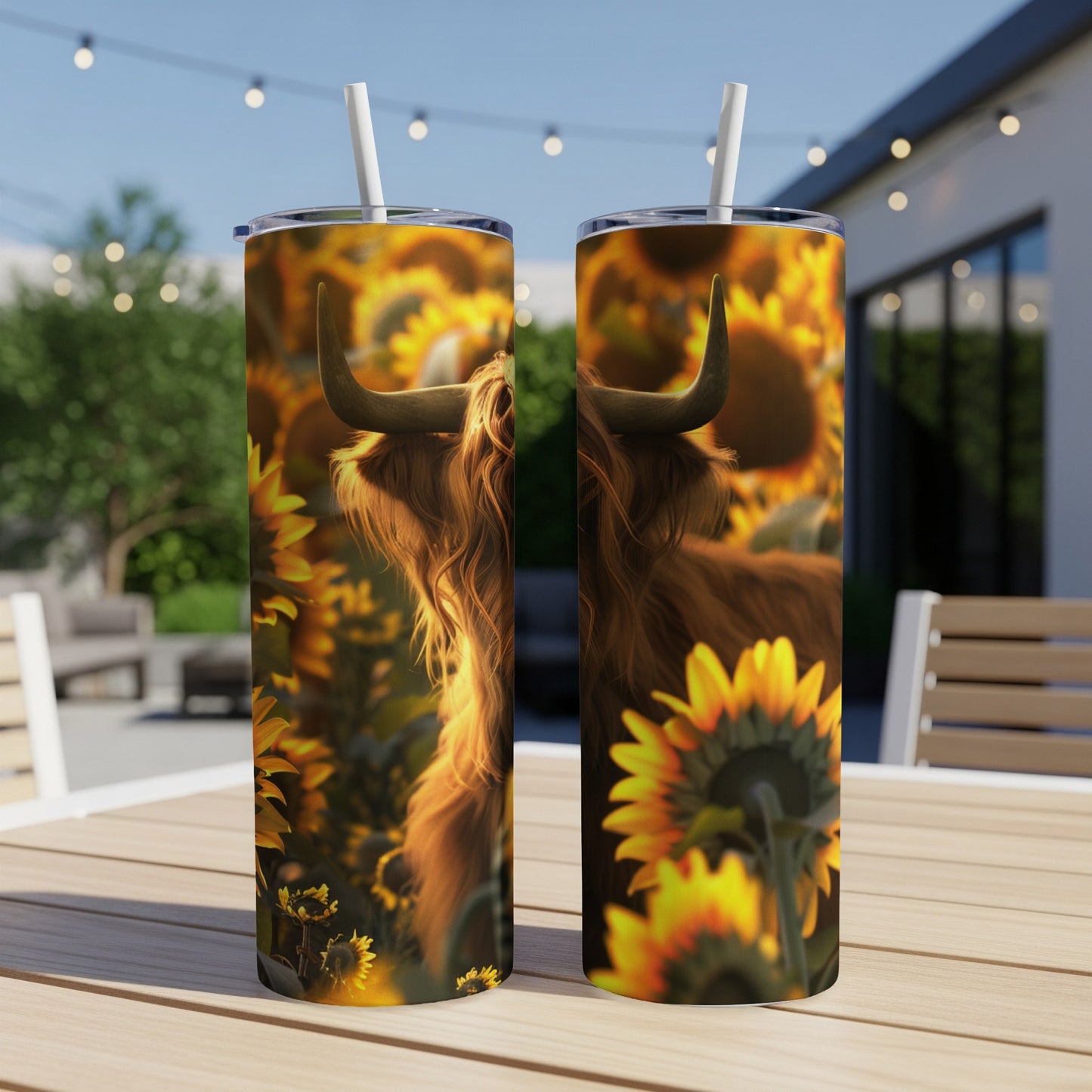 Two tumblers with Highland cow and sunflowers design on a table.