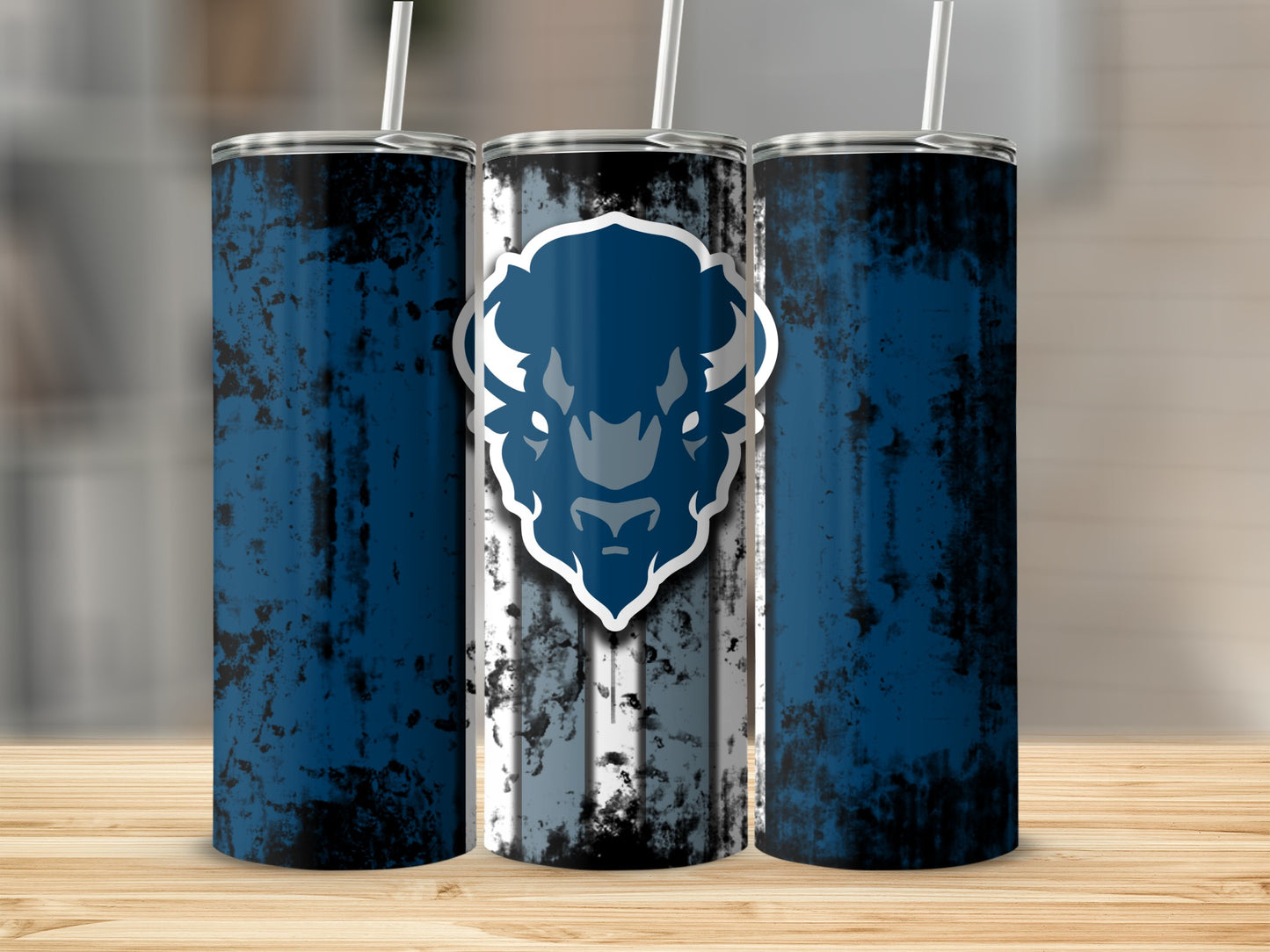 Three tumblers with distressed blue and white grunge design and buffalo emblem.