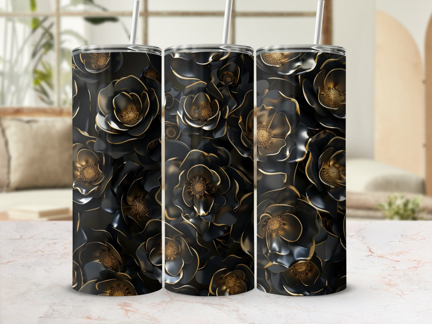 Three tumblers with black floral pattern and gold accents.