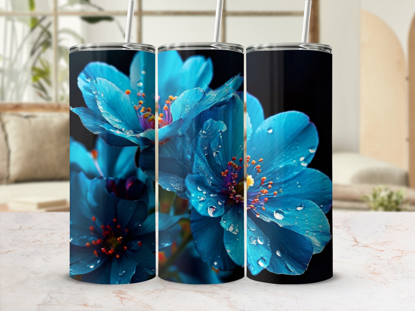 Three blue flowers with dew drops on a dark background.