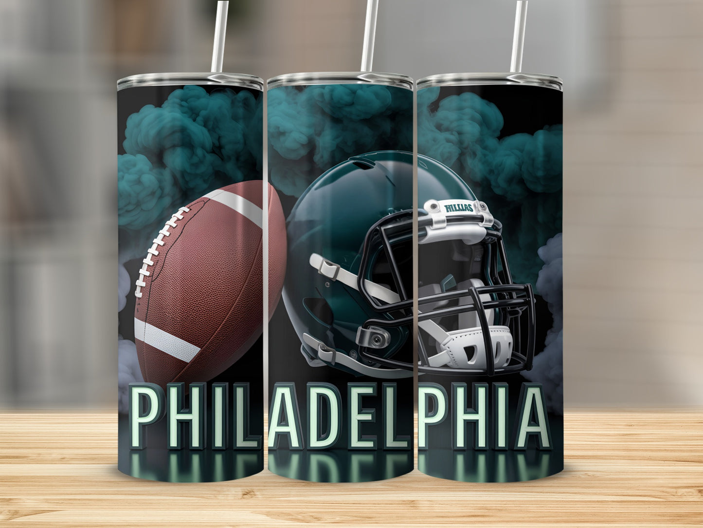 Philadelphia Eagles football helmet and ball with smoke.
