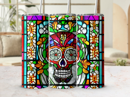 Stained glass sugar skull tumbler with floral accents and straw.