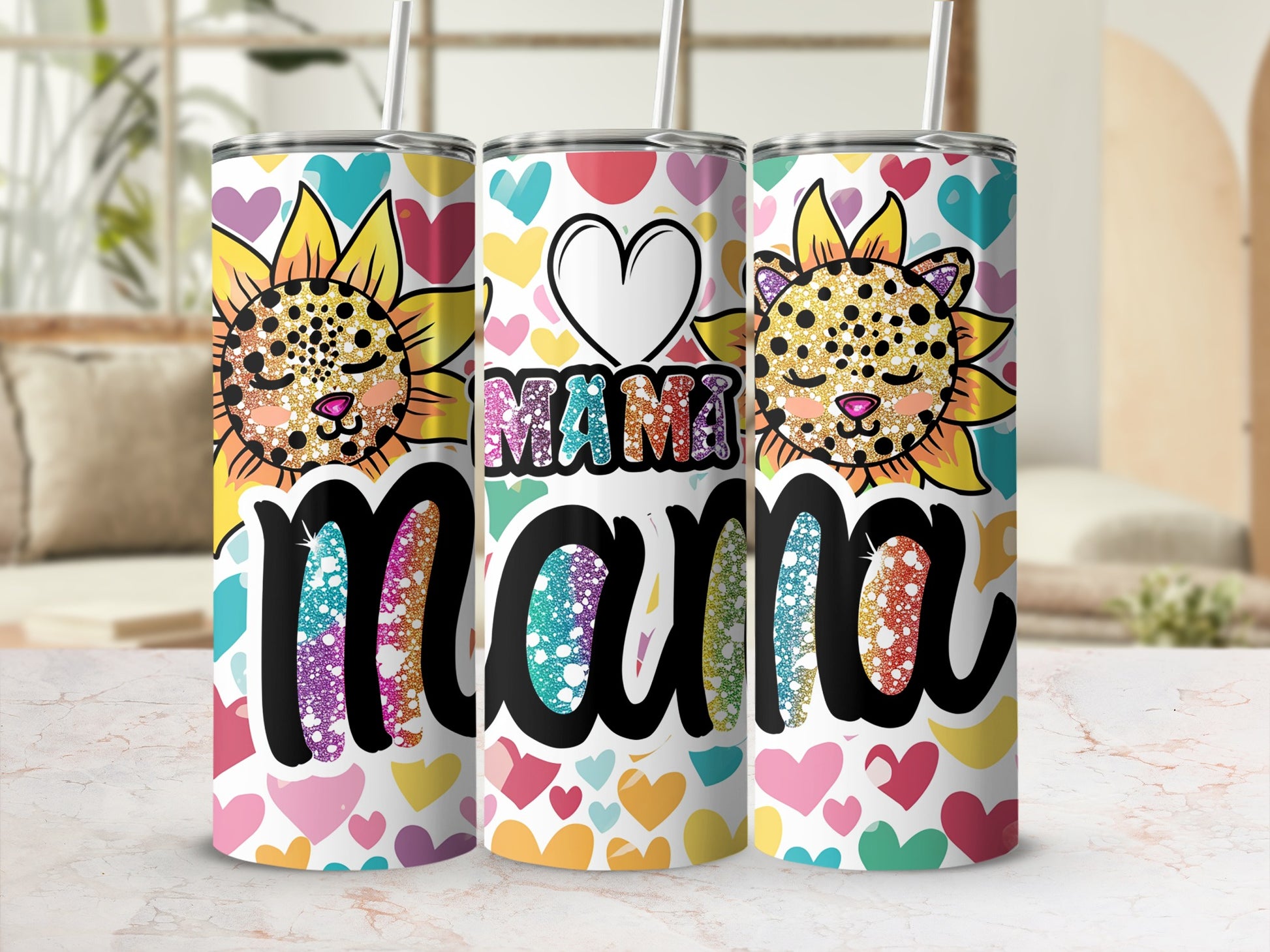 Colorful Heartful Mama Leopard Print Tumbler Cup