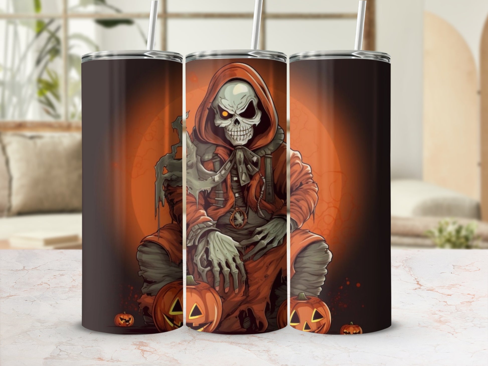 Triptych of tumblers featuring a grim reaper with pumpkins and an orange background.