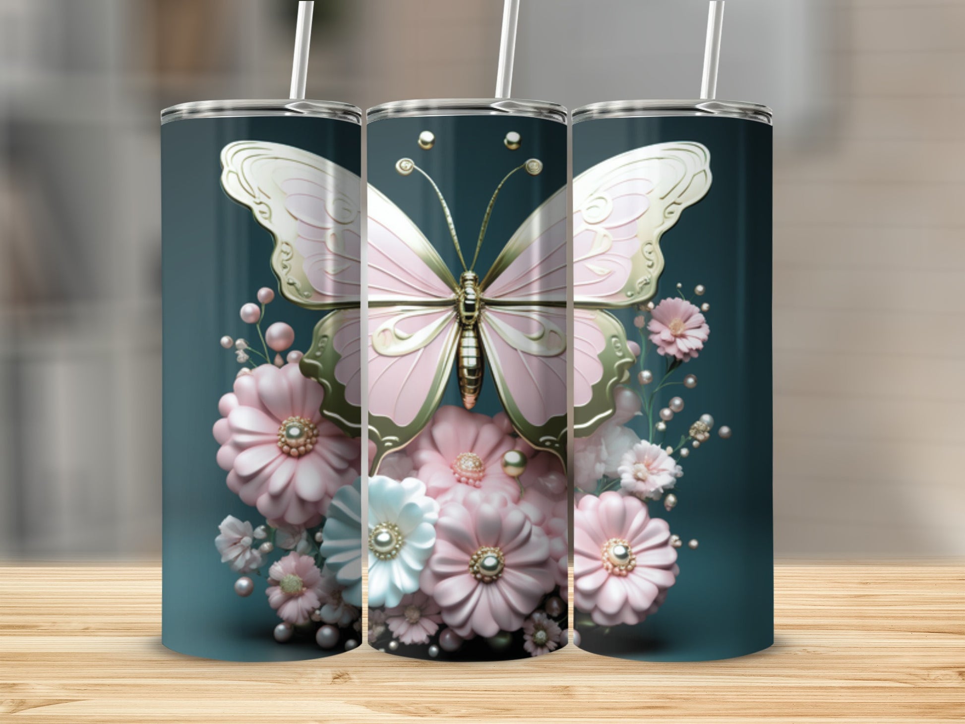 Pink and gold butterfly with flowers on a skinny tumbler.