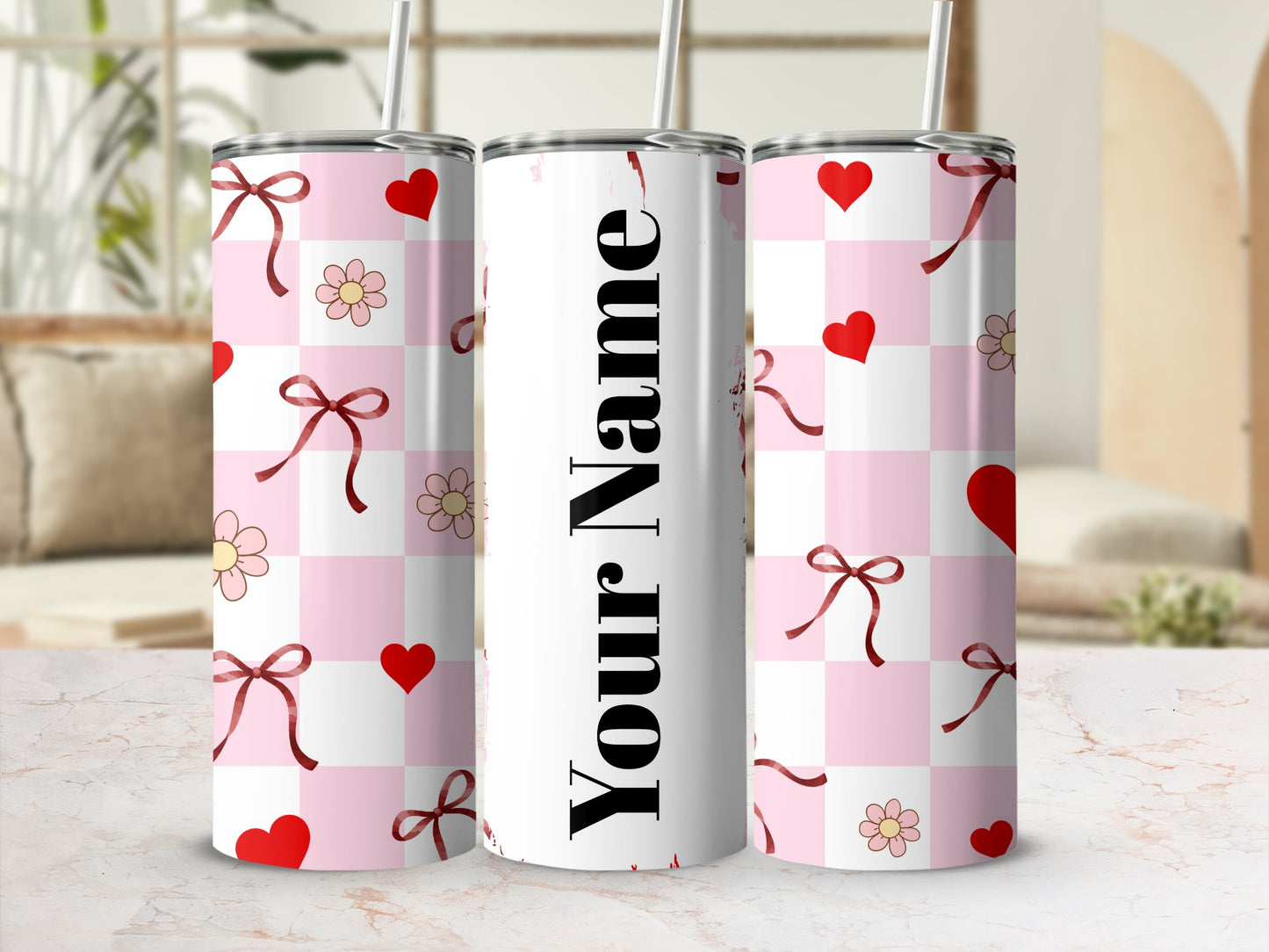 Personalized Hearts and Flowers Grid Design Tumbler