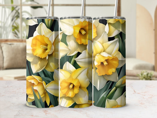 Three tumblers featuring a close-up floral pattern of yellow and white daffodils.