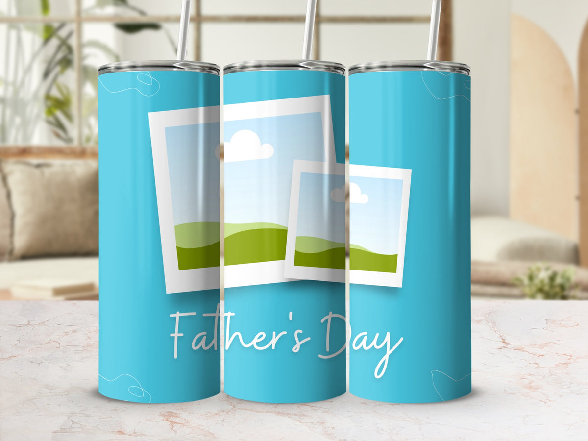 Turquoise tumblers with photo frames and "Father's Day" text.