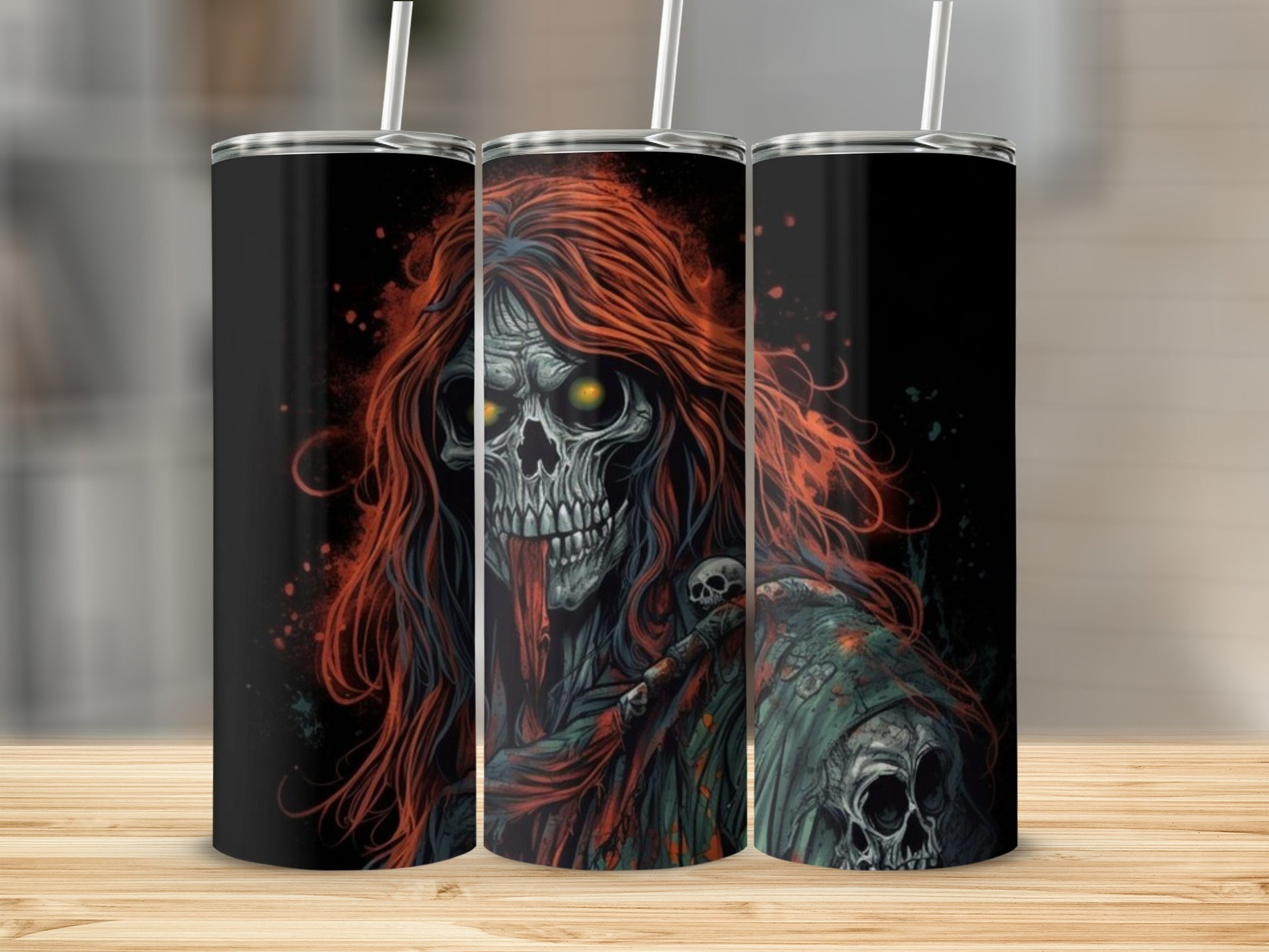 Three tumblers featuring a grim reaper with red hair and glowing eyes.