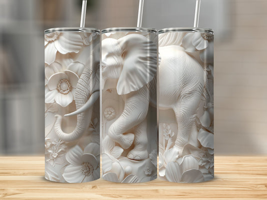 White textured tumbler with embossed elephant and floral designs.