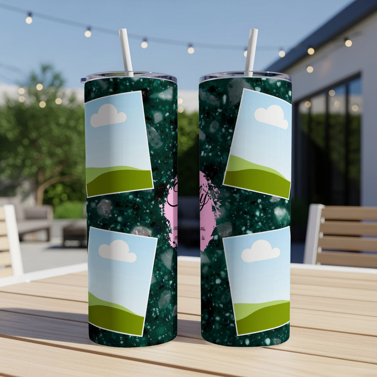 Two tumblers with a dark green speckled pattern and photo placeholders featuring clouds and hills.