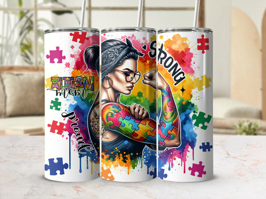 Tumbler with colorful puzzle piece arm art and "Autism Mom" text.