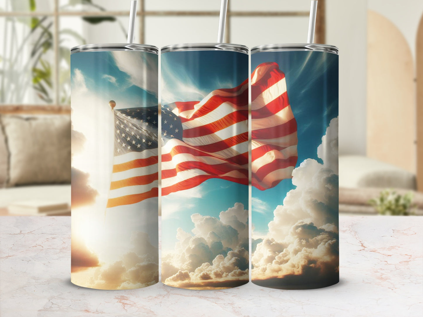 Three tumblers featuring American flags waving against a cloudy sky.