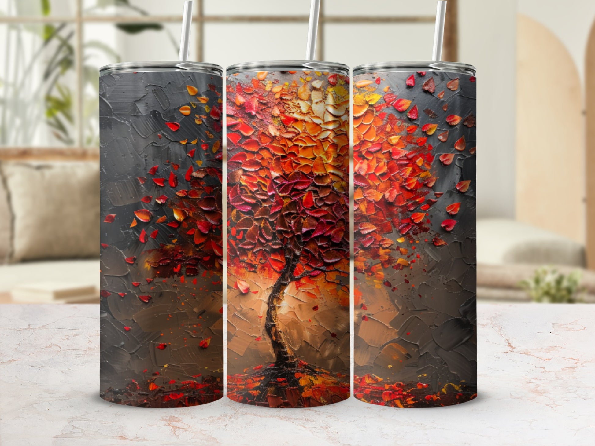 Abstract painting of a vibrant tree with falling red and orange leaves.