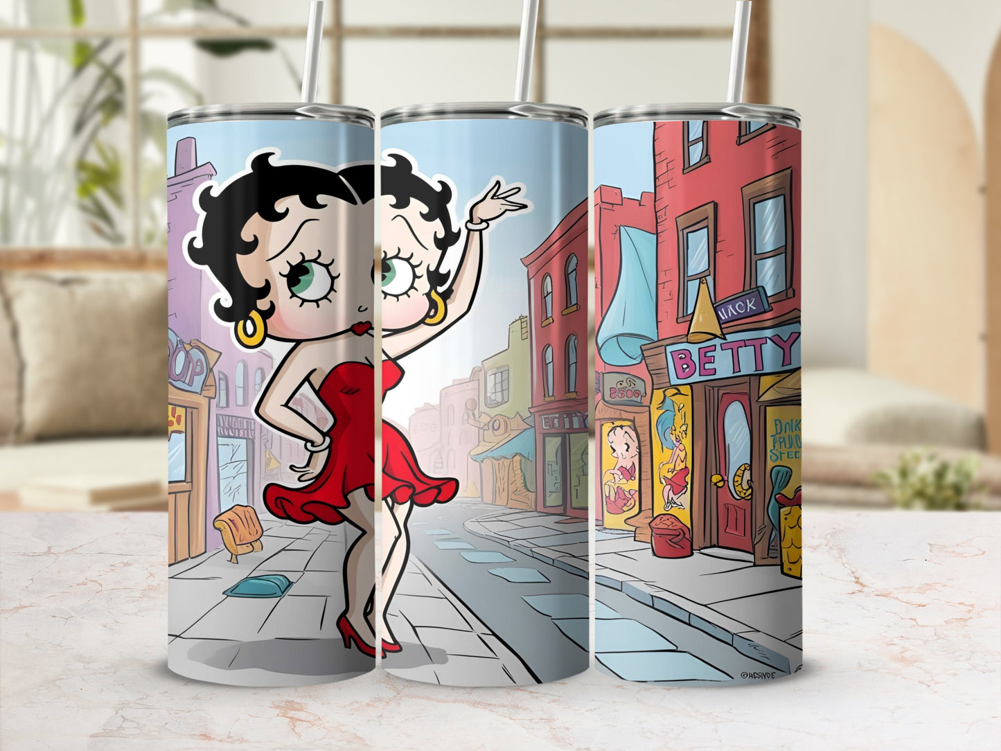 Betty Boop in red dress on animated street, presented on three tumblers.