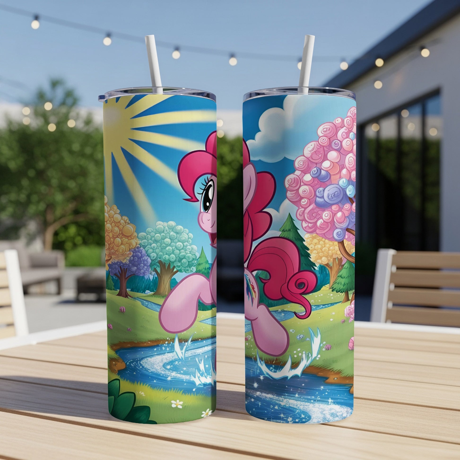 Pinkie Pie with whimsical background on two tumblers.