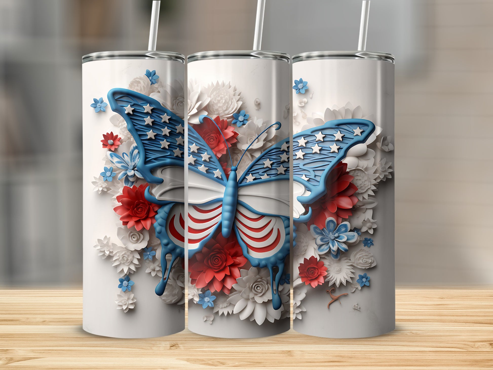 White tumbler with patriotic butterfly design and floral accents.