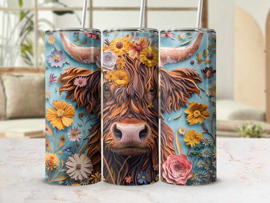 Highland cow tumbler with floral crown on blue background.