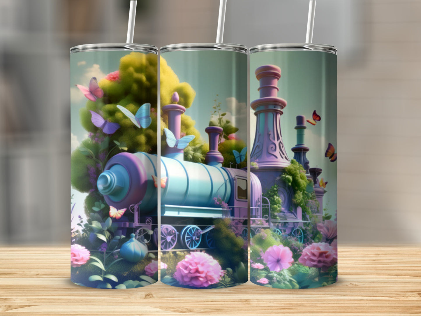 Fantasy train with butterflies and flowers, three tumblers in a row.