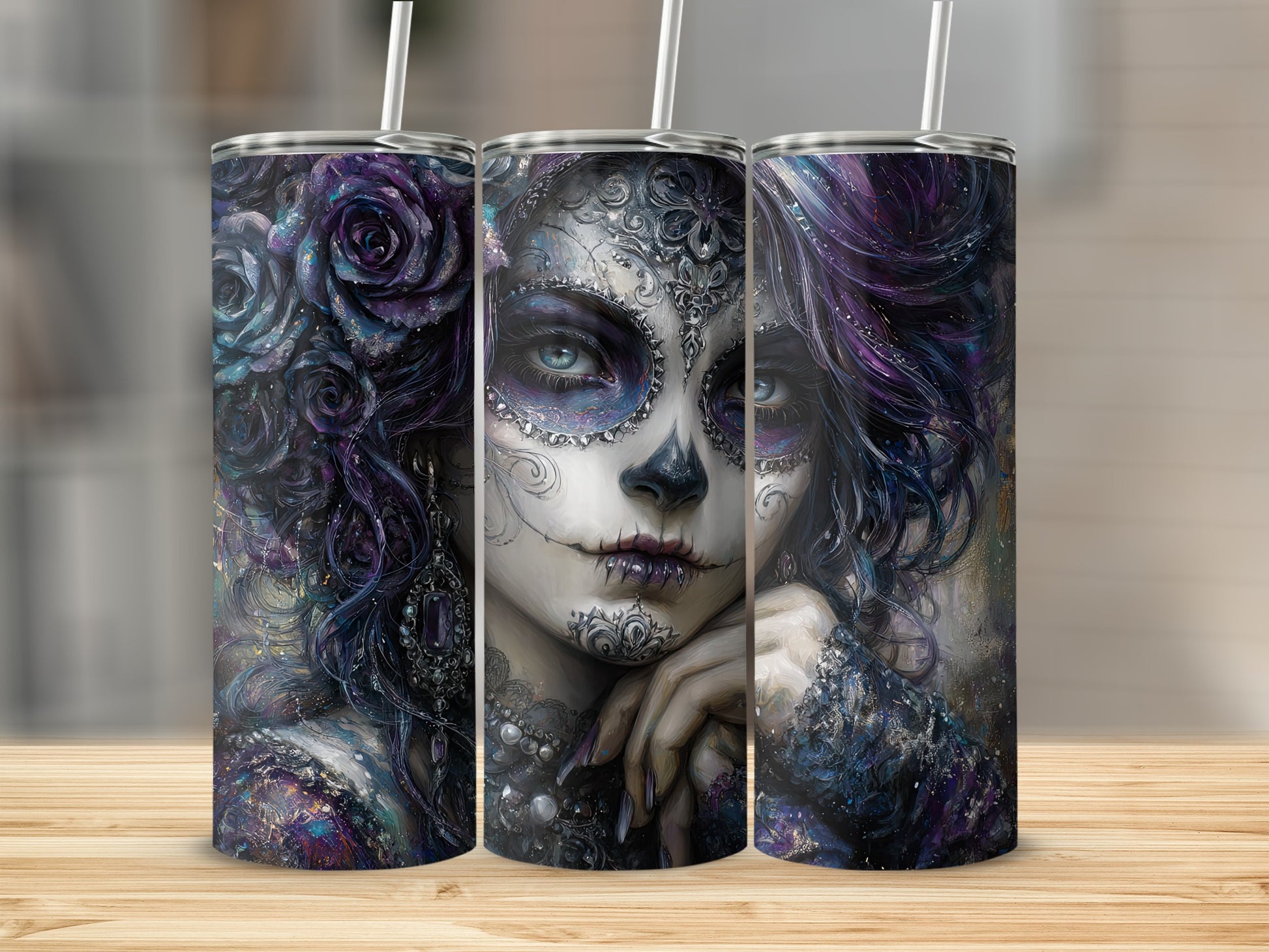 Intricately Designed Dark Themed Tumbler with Straw
