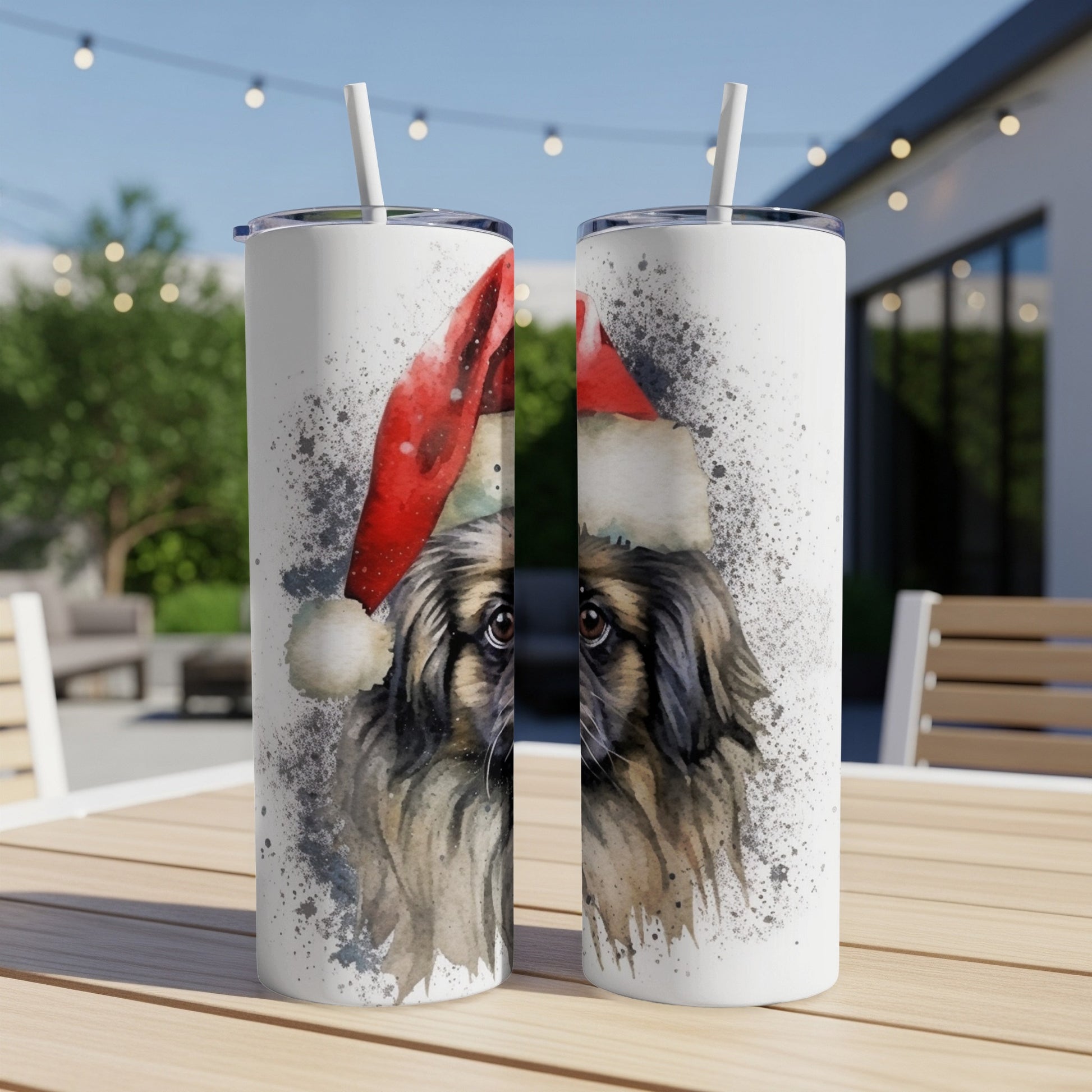 Watercolor painting of a dog wearing a Santa hat on a tumbler.