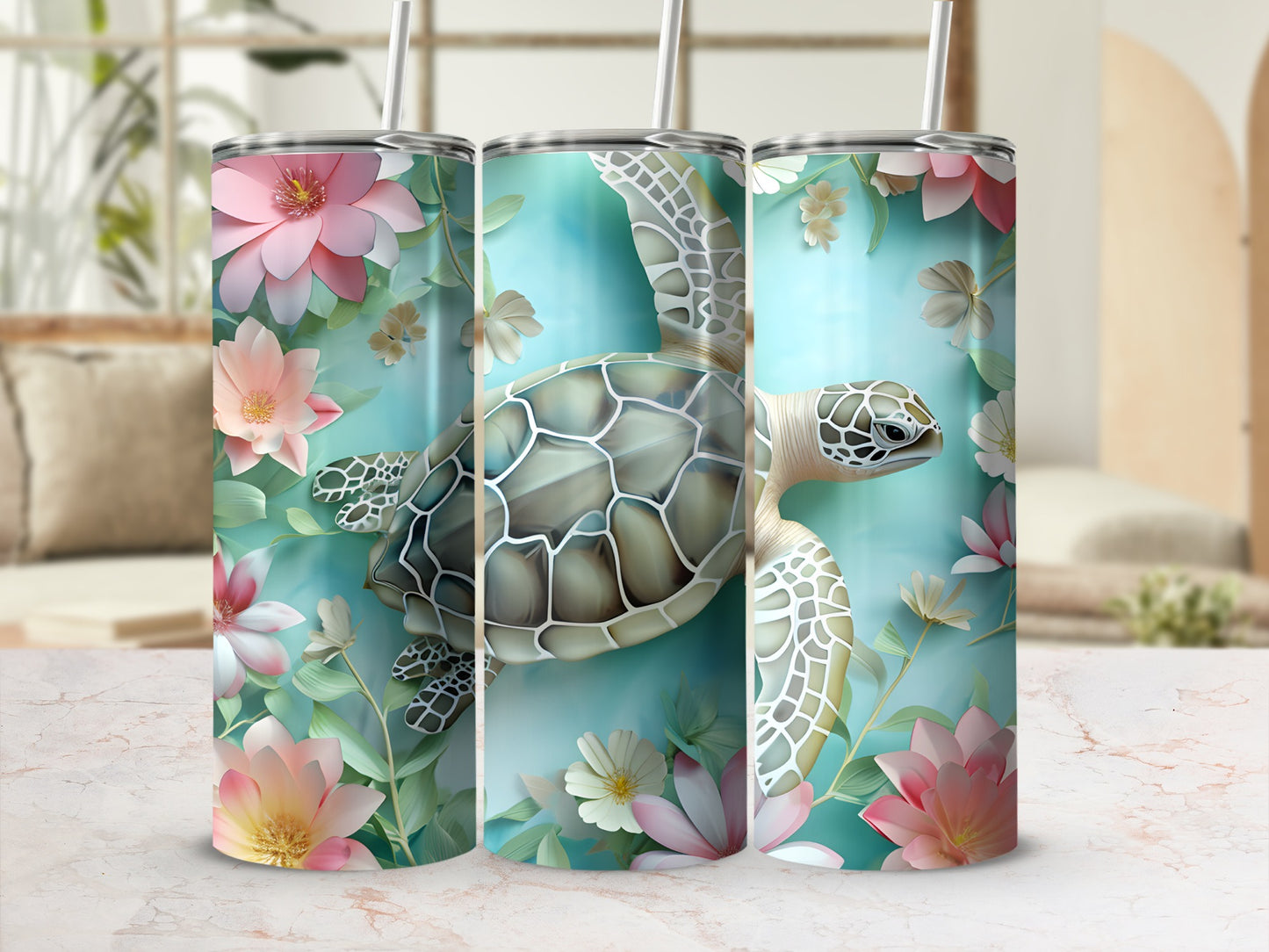 Ocean turtle floral design teal background tumbler product type