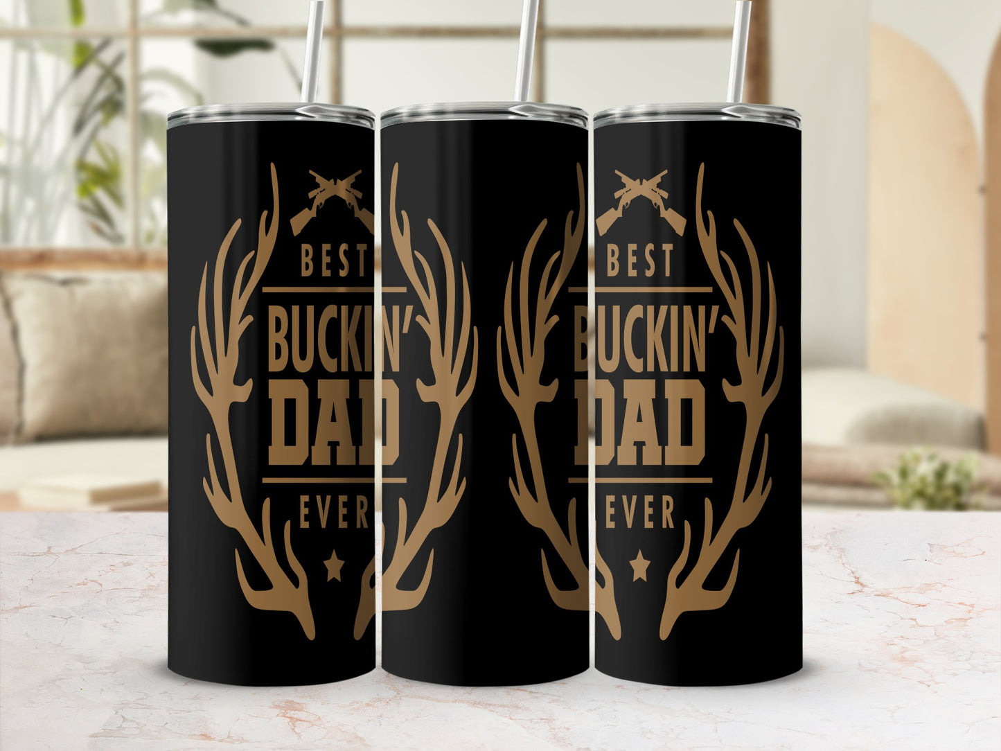Three black tumblers with gold antlers and "Best Buckin' Dad Ever" text.
