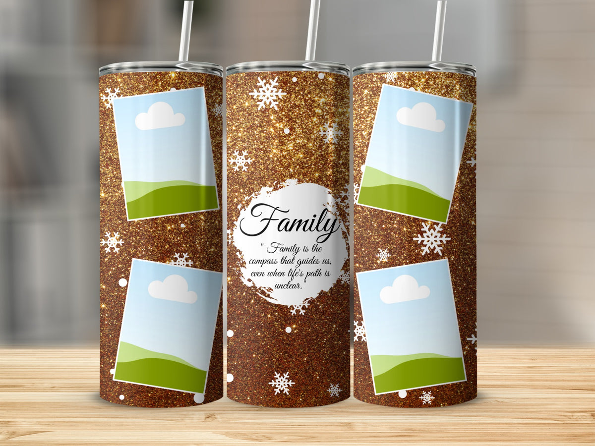 Glittery brown tumblers with photo frames and snowflakes, featuring "Family" quote.