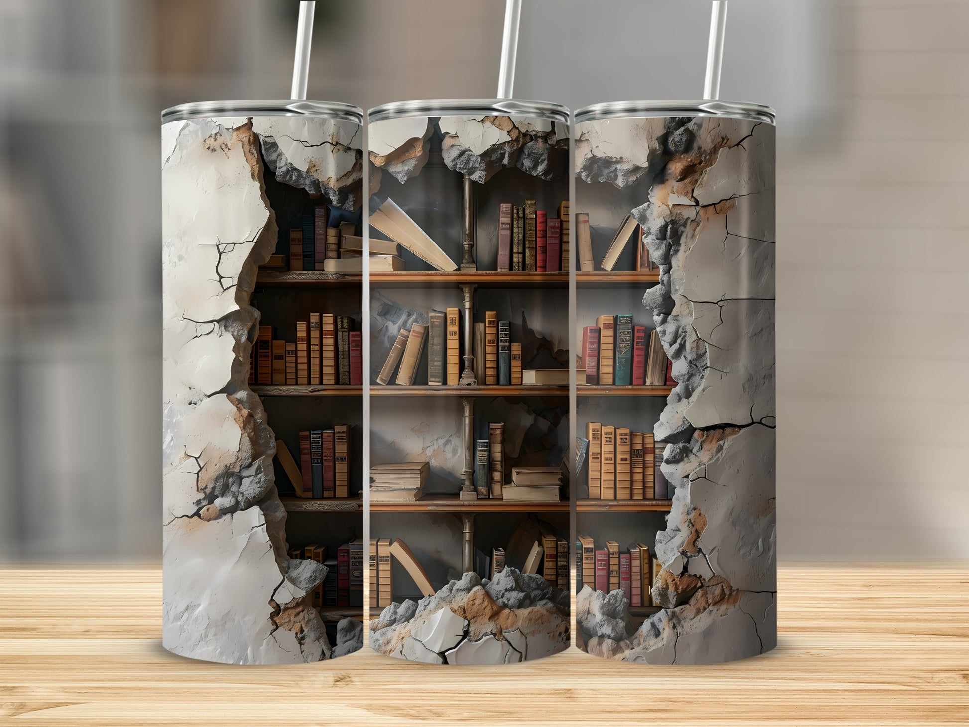 Three tumblers show a cracked wall revealing bookshelves filled with antique books.