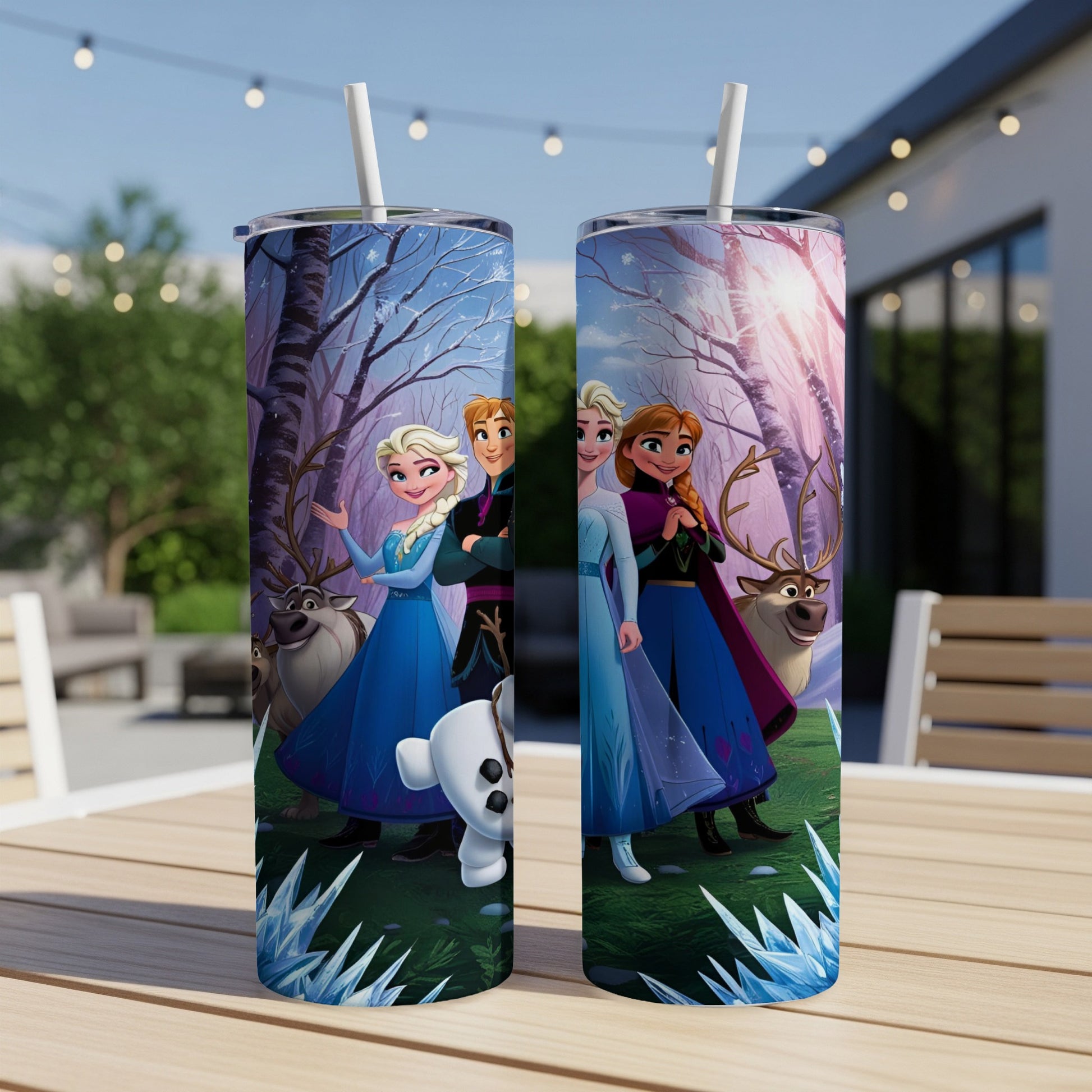 Elsa, Anna, Kristoff, and Sven from Frozen in a snowy forest.