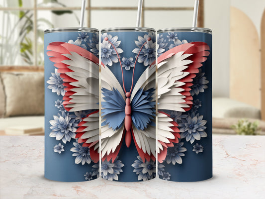Three tumblers with a patriotic butterfly design on a blue floral background.